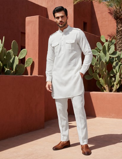 White elegant mandarin collar pathani suit