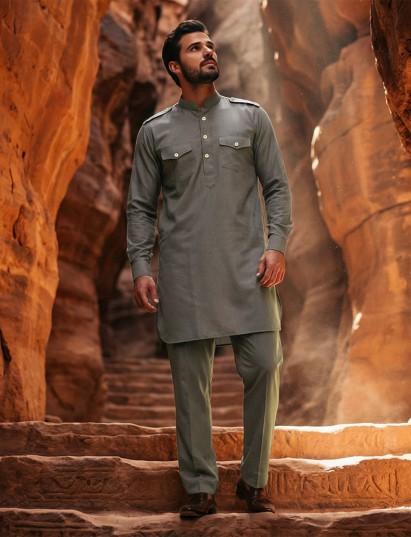 Black stylish mandarin neck pathani ensemble