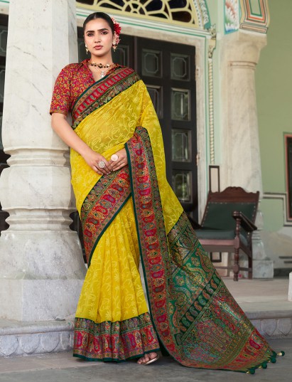 Mehndi yellow georgette foil print saree