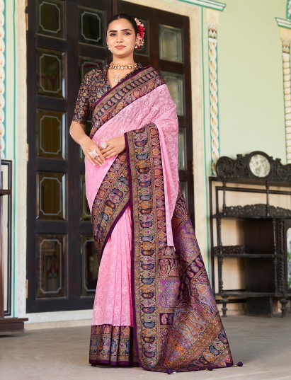 Pink georgette luknowi foil print saree