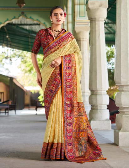 Light yellow georgette luknowi foil saree