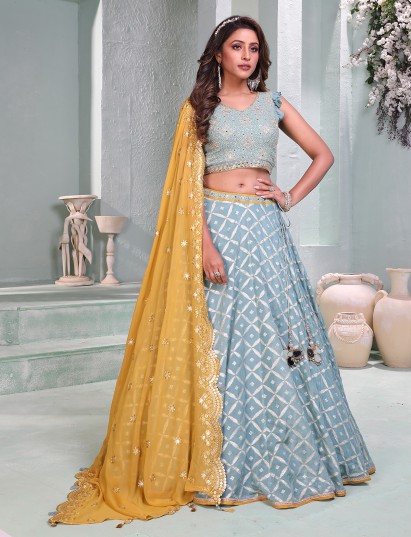 sky blue silk lehenga choli for wedding celebration