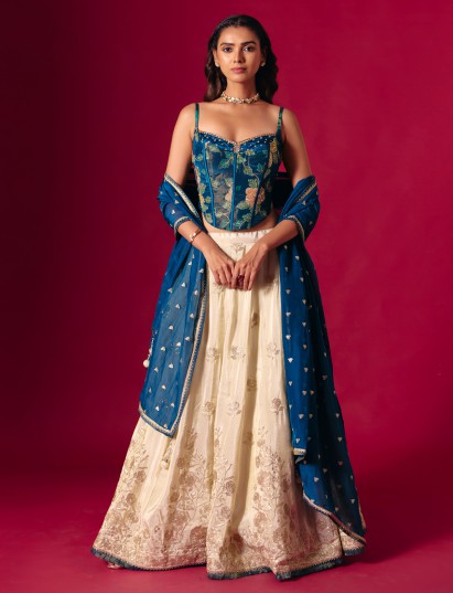 Blue and cream silk lehenga choli for wedding