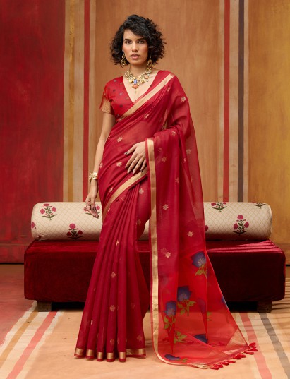 Red handloom zari woven organza saree
