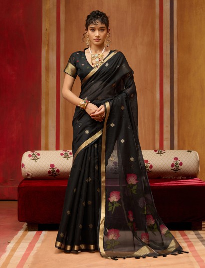Black handloom zari floral organza saree