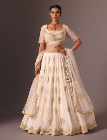 Cream silk georgette designer lehenga choli with pearl work