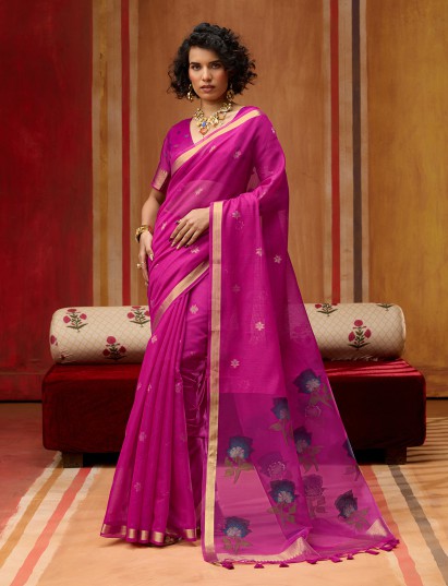 Pink handloom zari floral organza saree