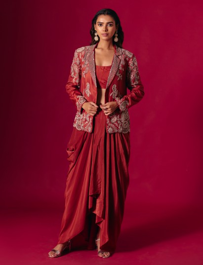 Rust red satin silk indo western suit with jacket