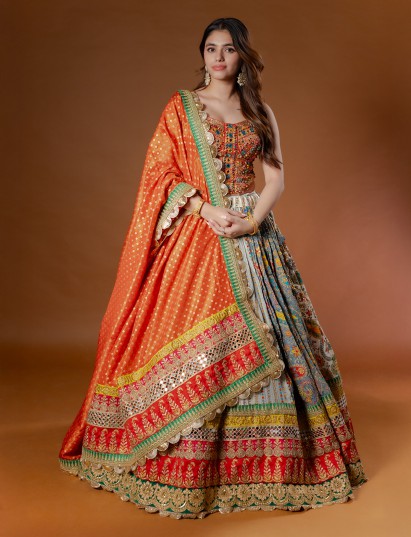 Multi silk embellished flared chaniya choli