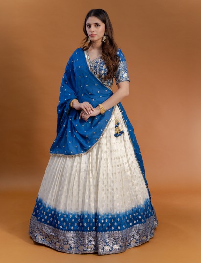White blue shaded silk mirror chaniya choli
