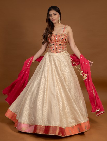 Beige peach silk embellished chaniya choli