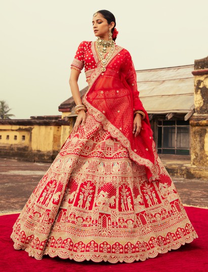 Red raw silk lehenga choli for bridal wear