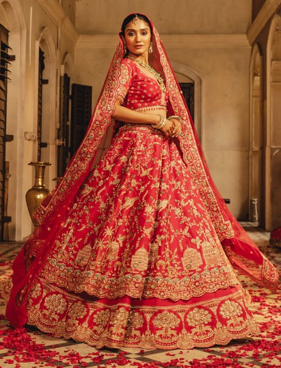 Pink raw silk lehenga choli for brides wear