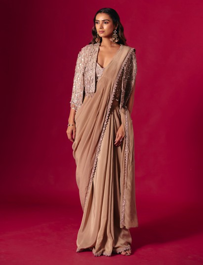 Beige lycra designer ready to wear saree for reception