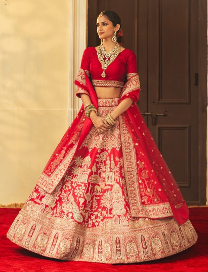 Red raw silk lehenga choli for weddings