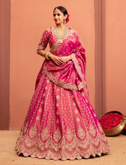 Pink raw silk lehenga choli with embellishments