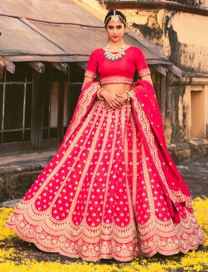 Red raw silk unstitched lehenga choli with dupatta for bridal wear