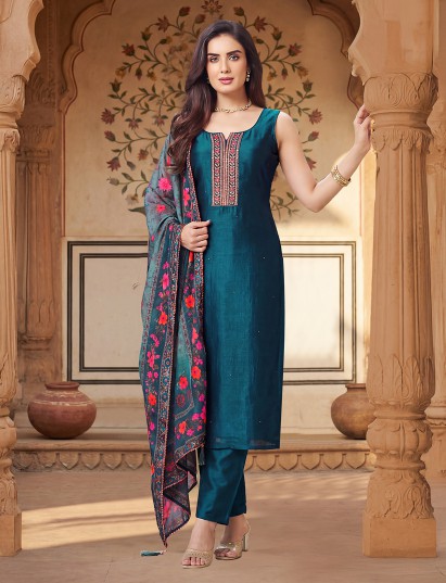 Rama blue silk straight cut festive salwar suit