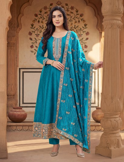 Aqua silk festive salwar suit with graceful embellishments