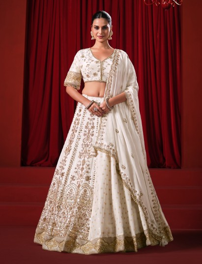 White silk embroidered weaving lehenga choli