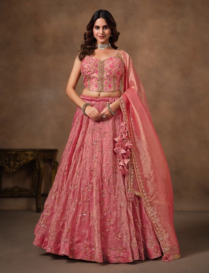 Onion pink chiffon tissue silk lehenga choli
