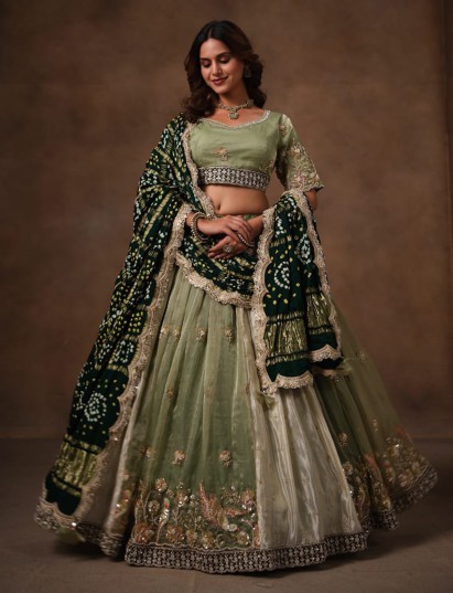 Pista green tissue silk lehenga choli for women