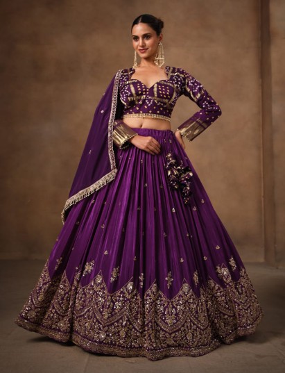 Purple satin crepe silk embellished lehenga choli