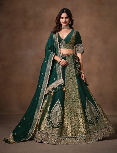 Bottle green banarasi silk heavy lehenga choli