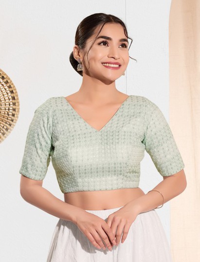 Pista green cotton silk V neck blouse