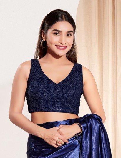 Navy blue sequin V neck ready made blouse