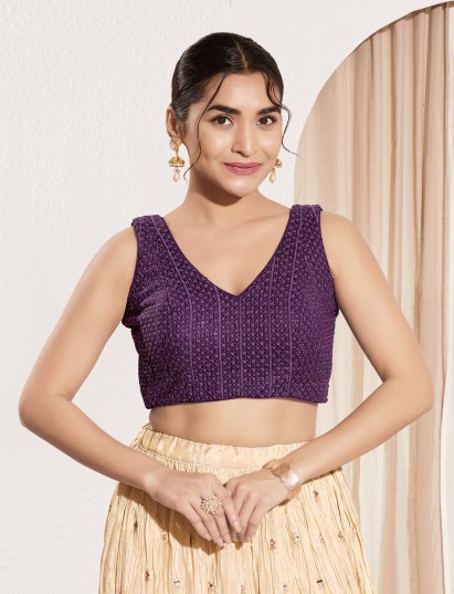 Purple sequin embroidered sleeveless blouse