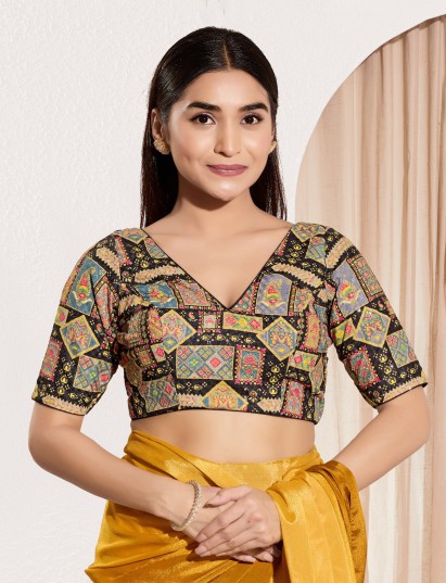 Black printed rayon V neck and elbow sleeve blouse