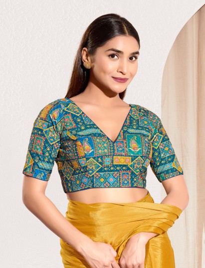 Fire blue printed rayon elbow sleeve blouse