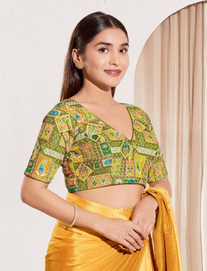 Mehendi green printed rayon V neck blouse