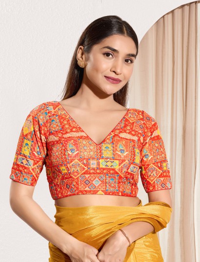 Orange printed rayon elbow sleeve blouse