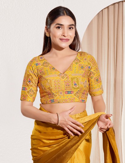 Yellow printed rayon embellished blouse