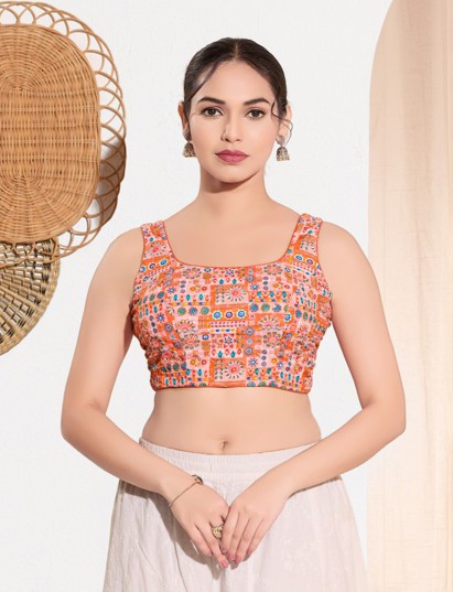 Peach printed rayon square neck blouse