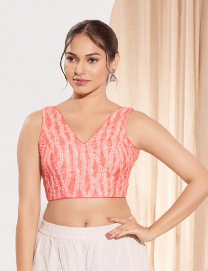 Peach printed rayon V neck blouse
