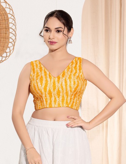 Yellow printed rayon V neck ready blouse
