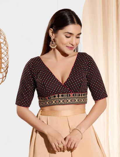 Black printed cotton V neck ready blouse