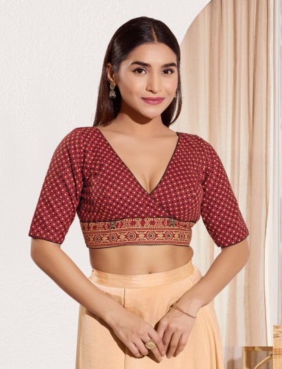 Maroon printed cotton V neck blouse