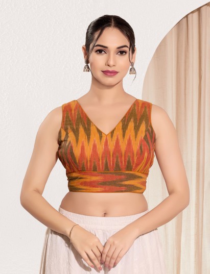 Mustard yellow ikat silk V neck blouse