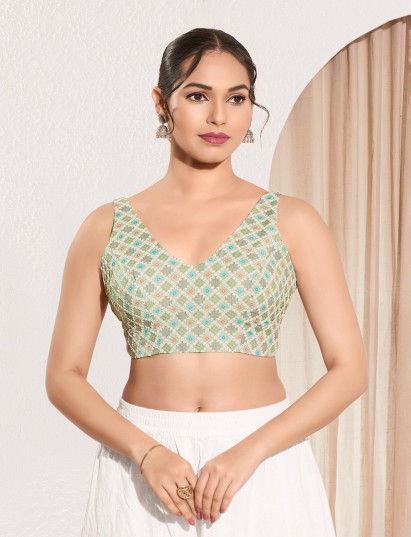 Pista green printed jacquard V neck blouse