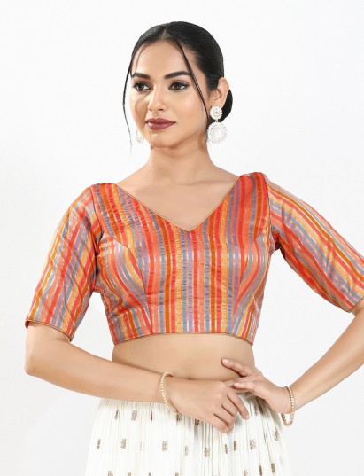 Orange multi stripe brocade V neck blouse