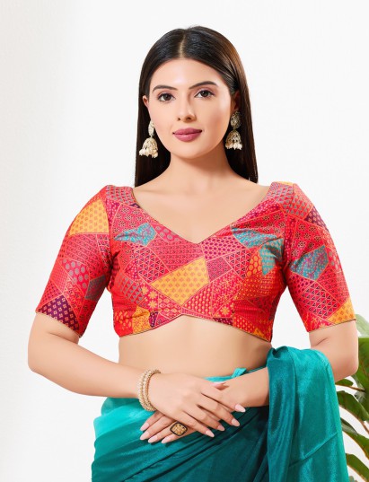 Red printed brocade V neck blouse