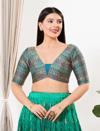 Peacock blue printed brocade V neck blouse