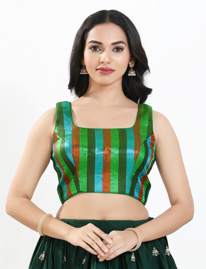 Green multi zari brocade square neck blouse