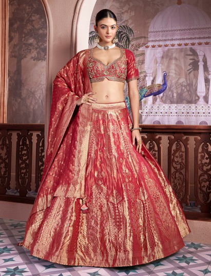 Maroon banarasi silk sweetheart neck lehenga choli