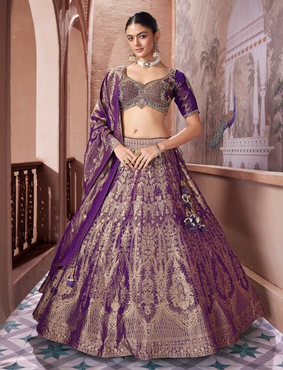 Purple banarasi silk lehenga choli with sweetheart neck