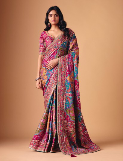 Multicolor semi silk zari work party wear saree
